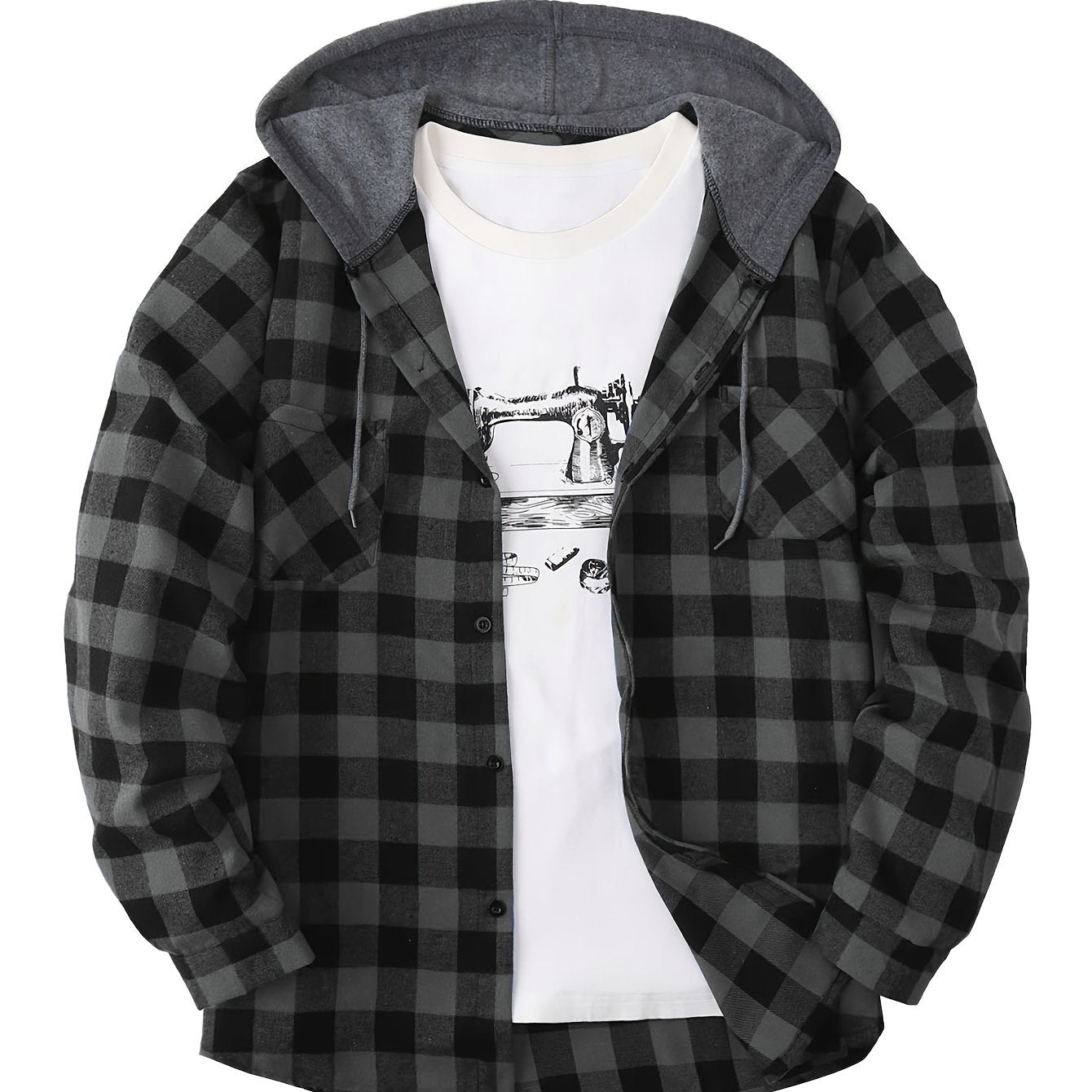 Men's Plaid Polyester Hooded Button-Up Jacket for Casual Sports Style