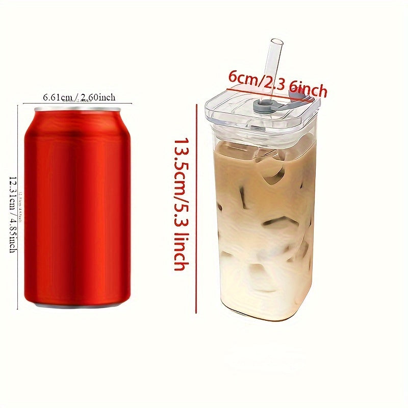 Square Glass Coffee Mug 400ml with Lid and Straw Clear Drinkware for Iced Coffee
