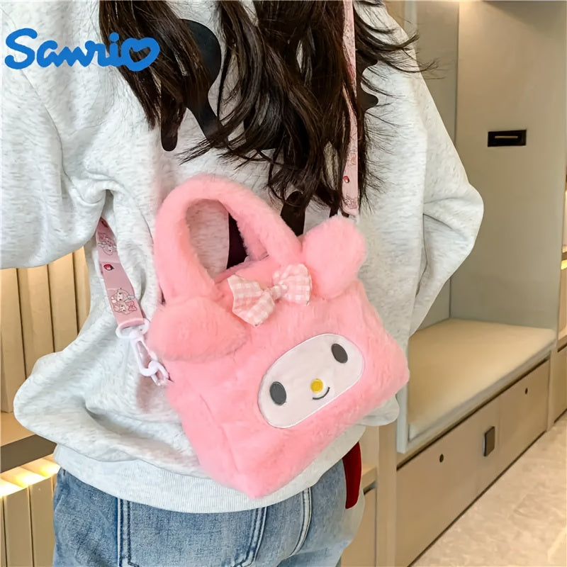 Plush Handbag Crossbody Bag with Hello Kitty Kuromi My Melody Cinnamoroll Characters for Kids Pink White Red Yellow Purple