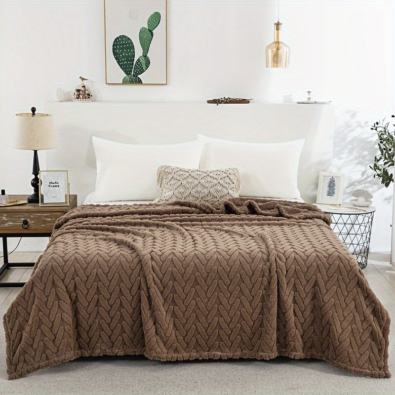 Double-Sided Plush Fleece Throw Blanket Brown Knitted Polyester Jacquard All-Season