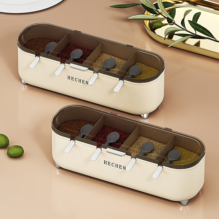 4-Compartment Seasoning Box with Lid and Spoon for Kitchen Storage