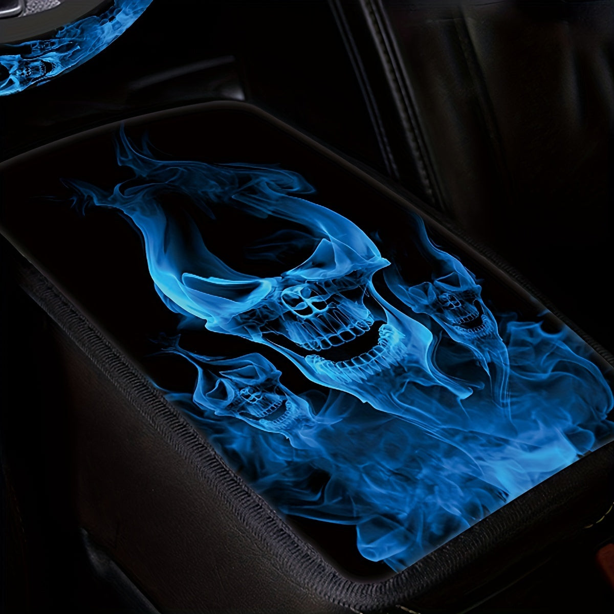 Blue Flame Skull Print Car Accessory Set Includes Wheel Cover Armrest Covers Seat Belt Clips Coasters