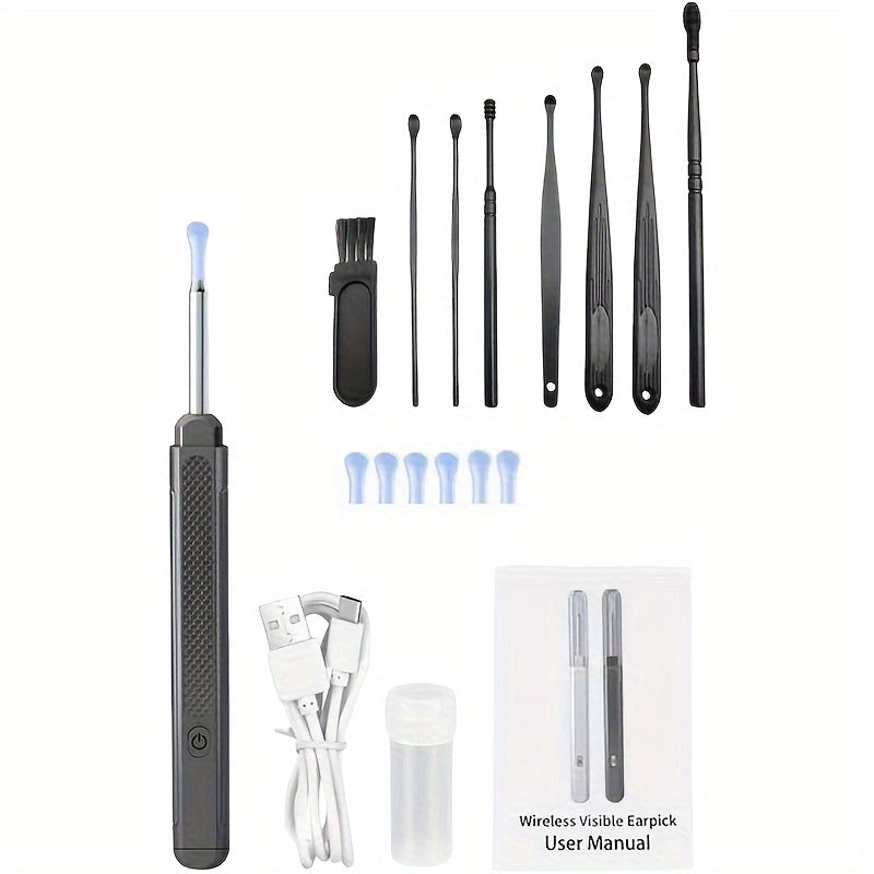 Kamerali yoritilgan quloq qopqog'ini tozalash vositasi, 6 ta silikon quloq qoshiqni o'z ichiga olgan 8 dona to'plam, qayta zaryadlanadigan litiy batareya, USB zaryadlash, 130mAh, zamonaviy quloq qopqog'ini olib tashlash aksessuar.
