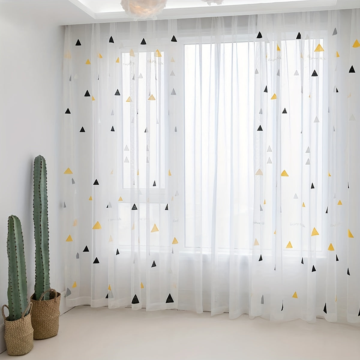 Cortinas transparentes con triángulos geométricos blancos para habitación de niñas, sala de estar, dormitorio, panel bordado en poliéster
