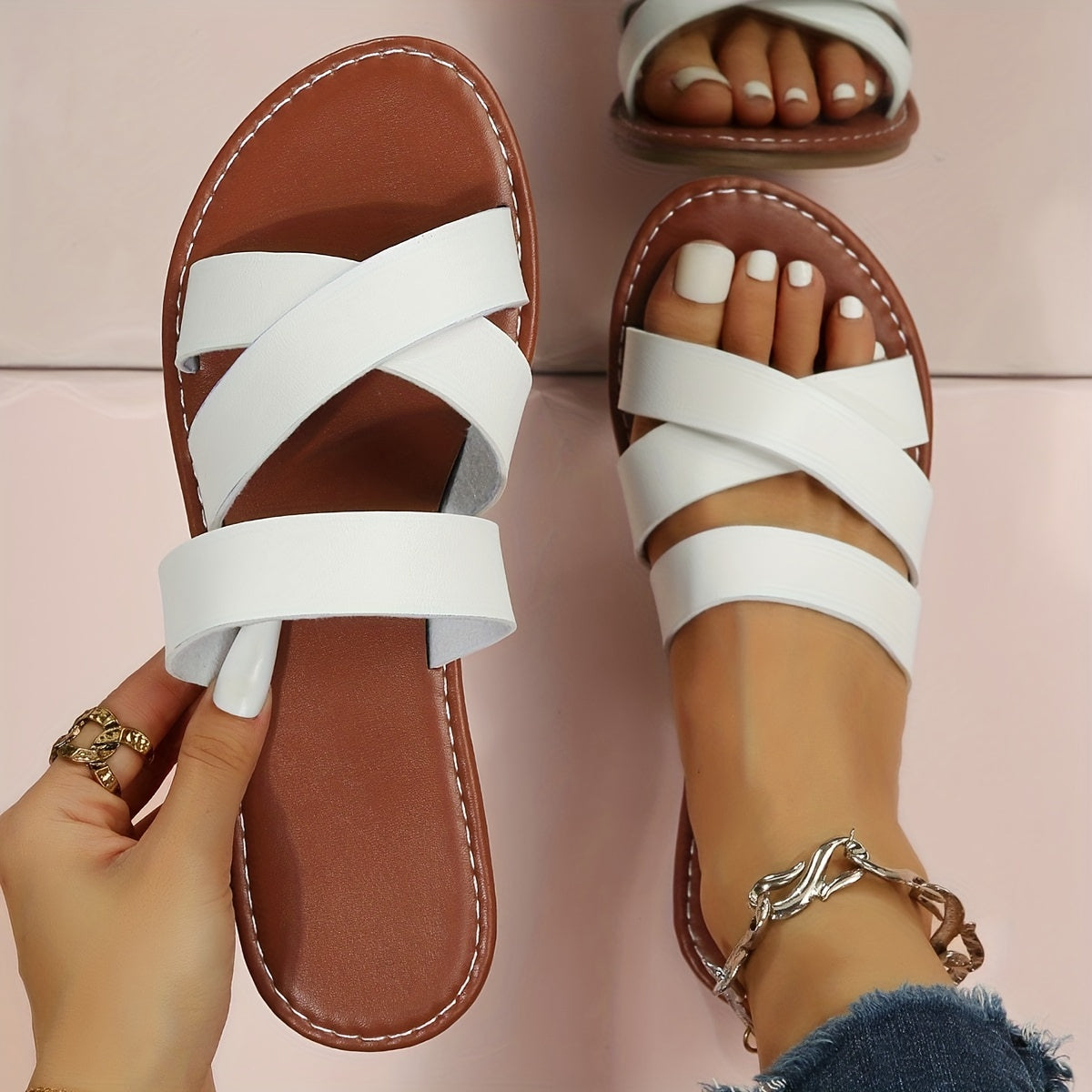 Women's Cross Strap Flat Slide Sandals Open Toe Beach Lightweight