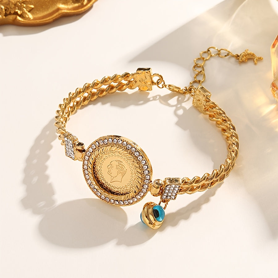 Gold-Plated Copper Bangle with Rhinestones and Evil Eye Motif for Women