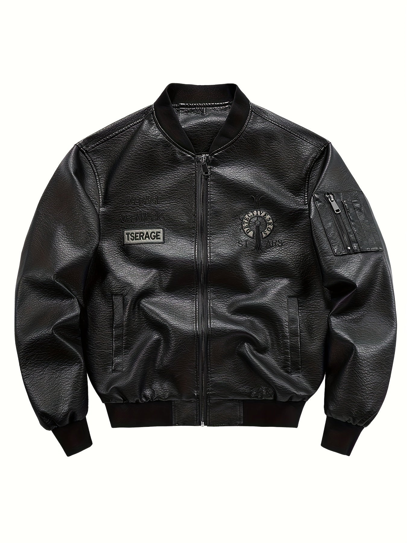 Vintage Men's PU Leather Bomber Jacket with Embroidery Baseball Collar and Zipper
