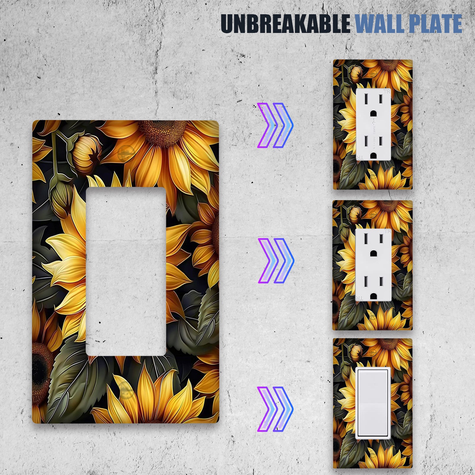 1 dona sindirilmaydigan polykarbonat termoplastik print san'at plitalari, quyosh gul dizayni bilan, 1 gang/2 gang, o'chirish qopqog'i uchun ideal, yotoqxona yoki oshxonada ichki/tashqi foydalanish uchun.