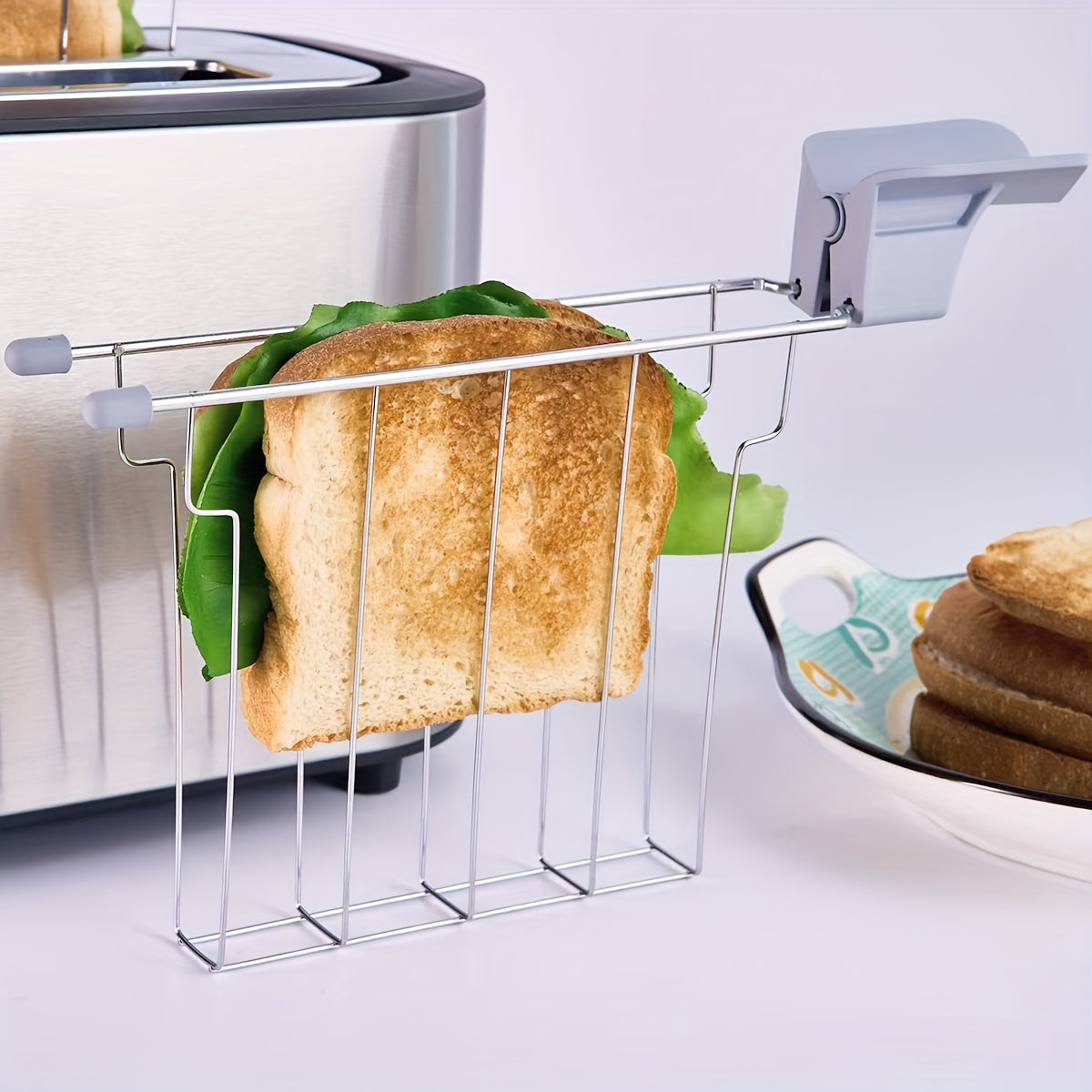 Stainless steel sandwich holder cage with heat-proof handle for toaster, anti-scalding clip