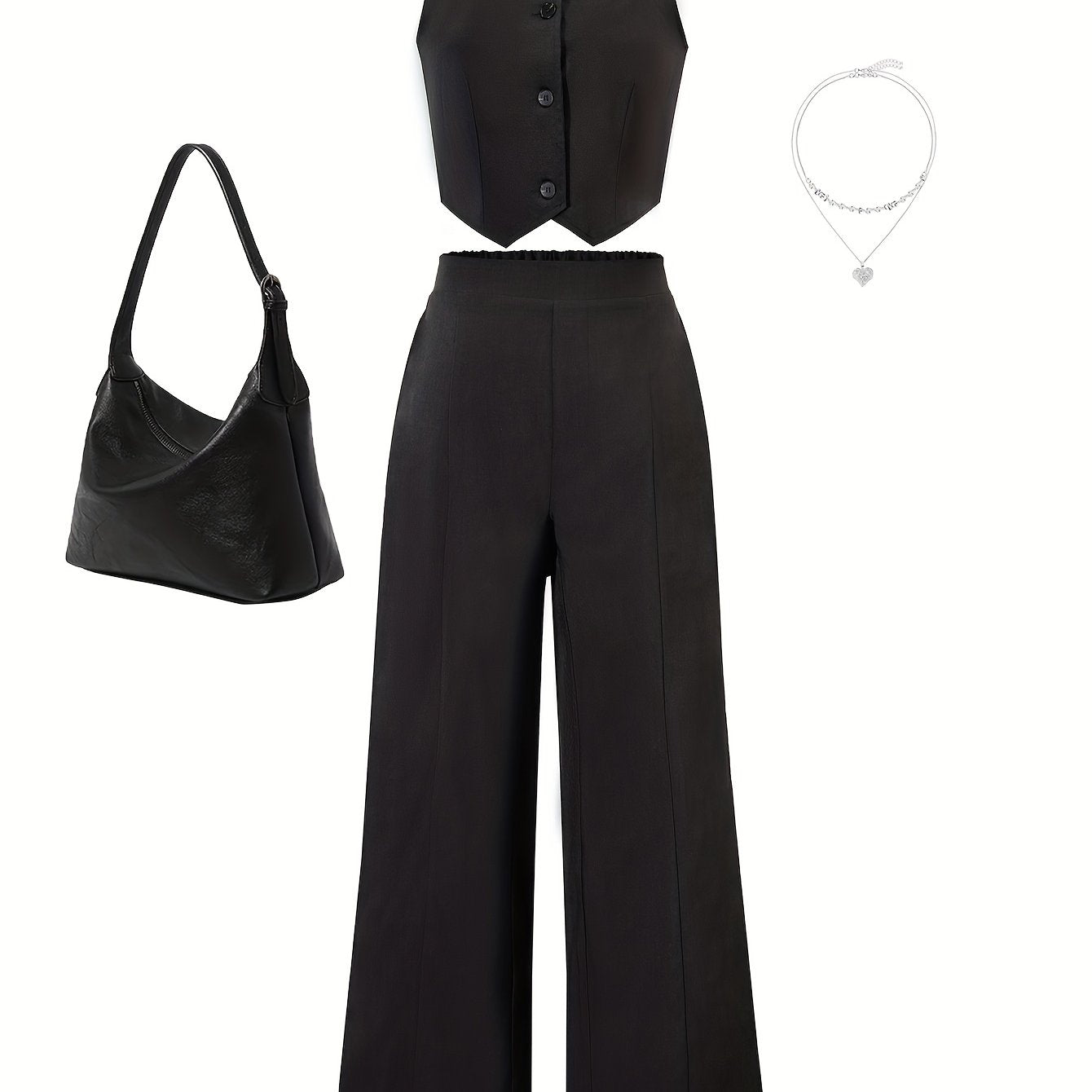 Ayollar uchun zamonaviy ikki qismli to'plam, tugma tafsilotlari bilan v-yuvalangan kesilgan vest top va yuqori belli kostyum shimlarini o'z ichiga oladi. 97% polyester va 3% elastan materialidan tayyorlangan, biroz cho'ziluvchan. Ideal for