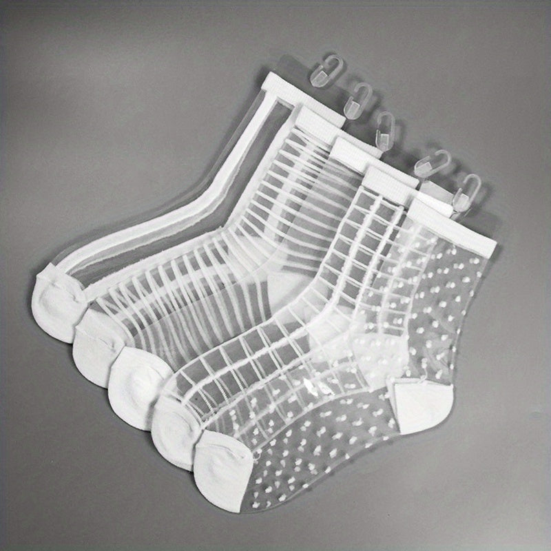 calcetines de malla para mujer 5 pares patrón geométrico medio tubo transpirable ligero y transparente