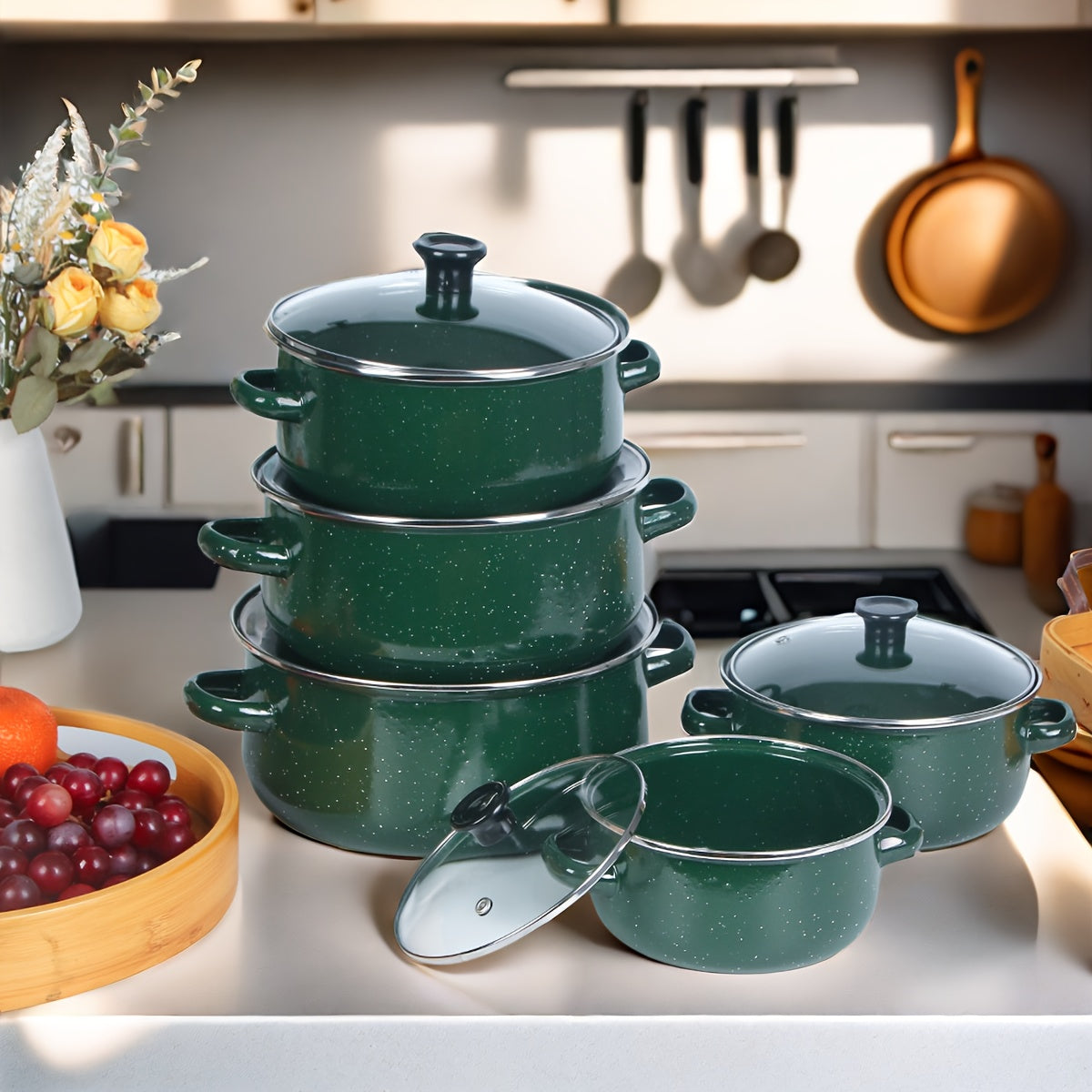 Yengil emalli qozonlar to'plami, 3 ta qism, yopishqoq bo'lmagan oshxona idishlari, sho'rva, qaynash, qovurish uchun