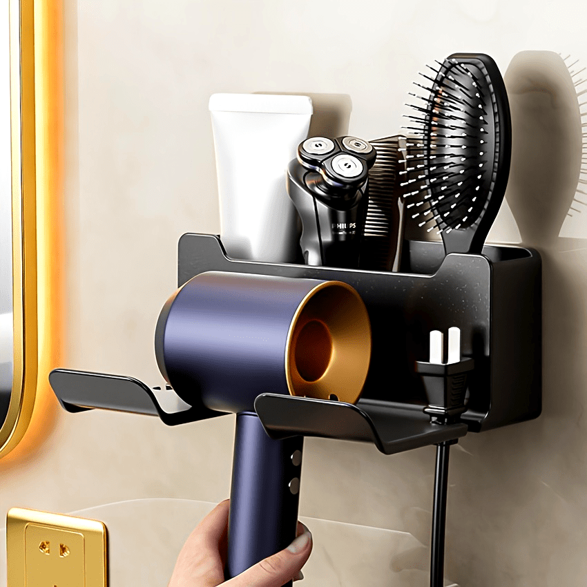 Black Plastic Hair Dryer Organizer with Multiple Compartments for Bathroom Storage