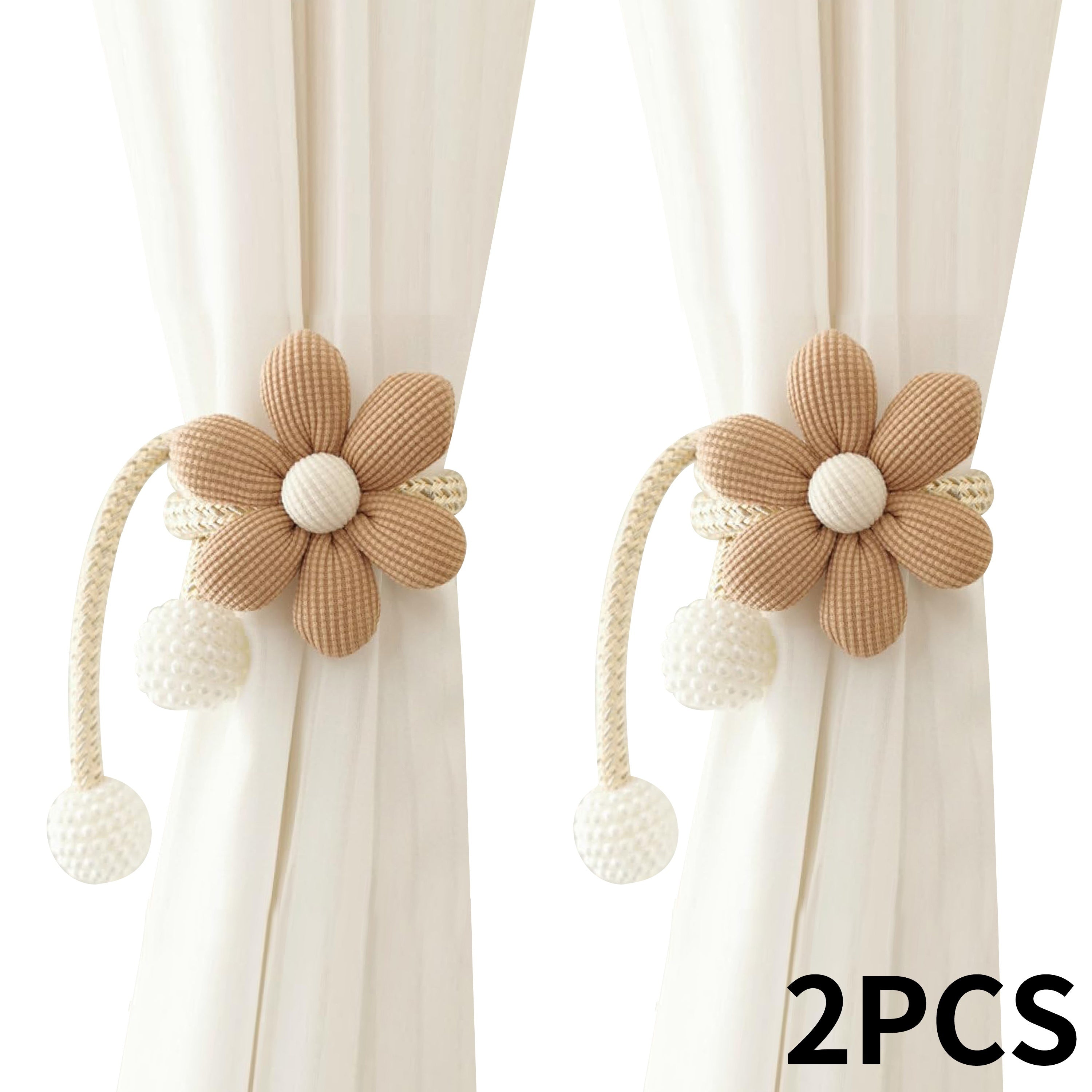 Set of Two Curtain Tiebacks with Cartoon Flowers and Faux Pearls for Bedrooms and Living Rooms