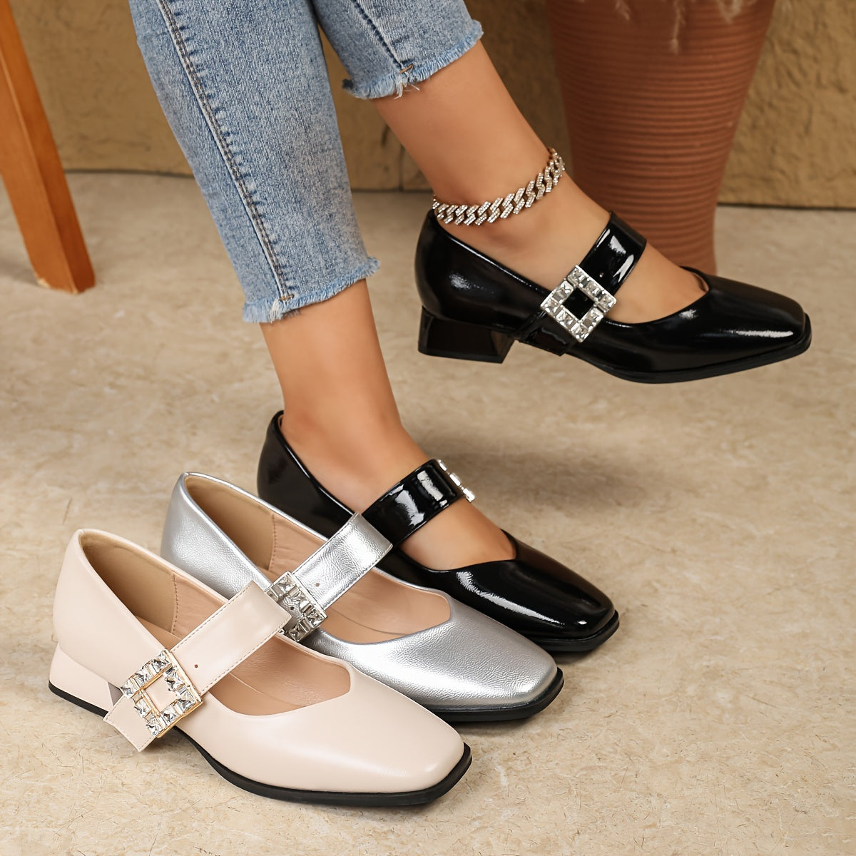 Women's Elegant Mary Jane Shoes Chunky Mid-Heel Square Toe Rhinestone Strap Black Nude