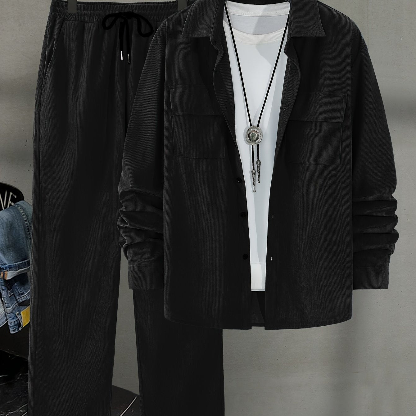 Men's 2-Piece Casual Set Long Sleeve Shirt and Drawstring Pants Polyester Beach Vacation