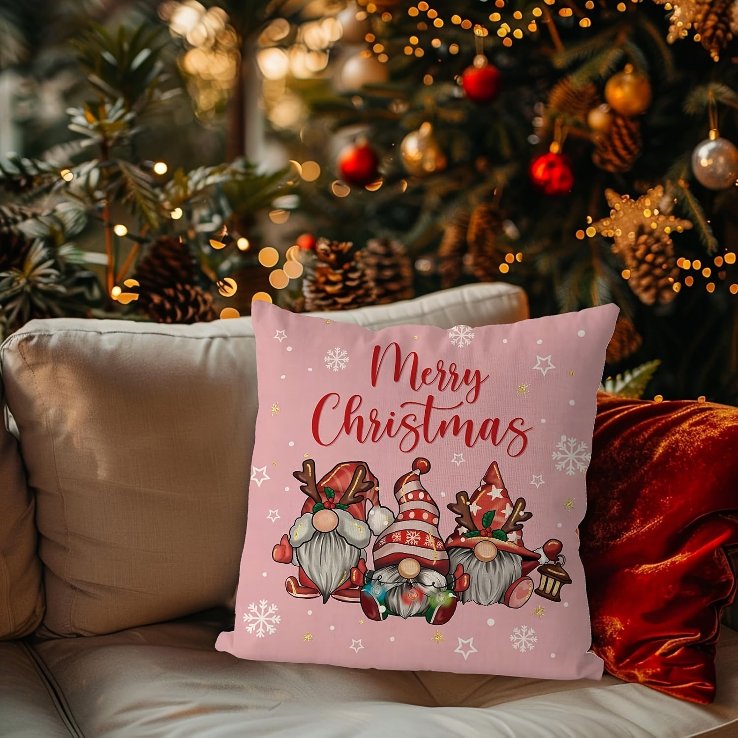 Modern Christmas Linen Throw Pillow Cover Gnome Design Zipper Washable Decorative Cushion