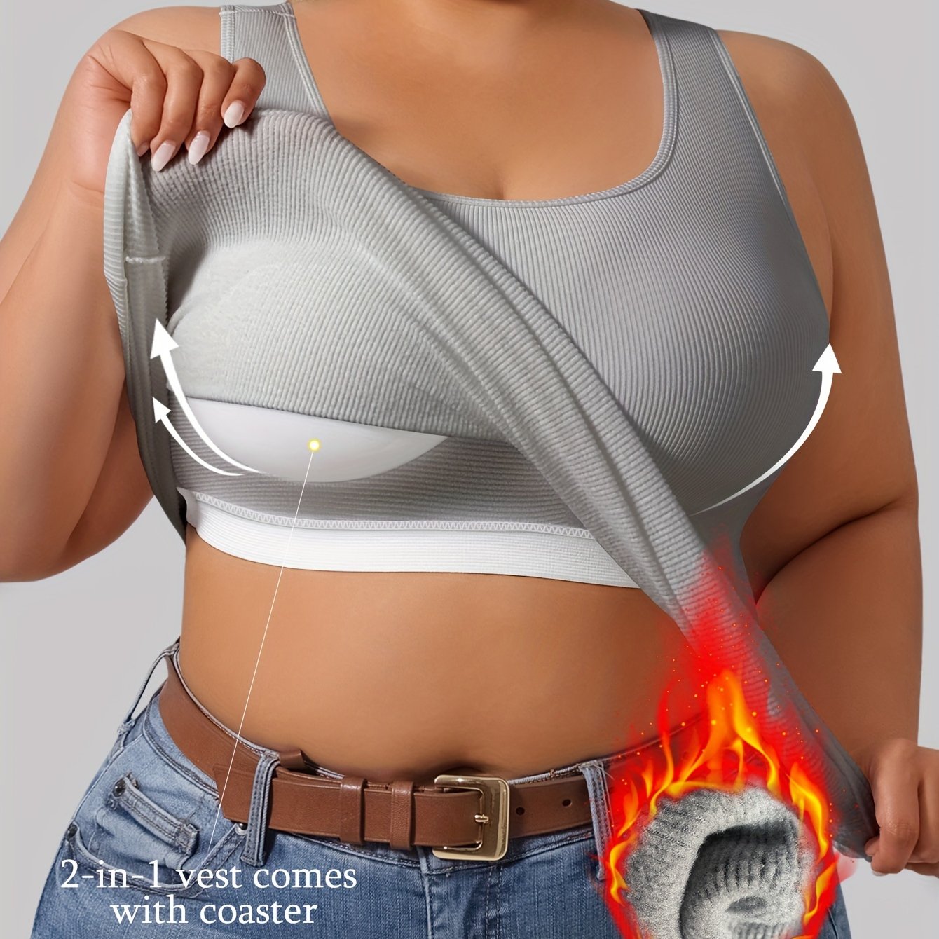 Plus Size Women's Ribbed Thermal Vest with Built-in Cup Pads for Autumn Winter