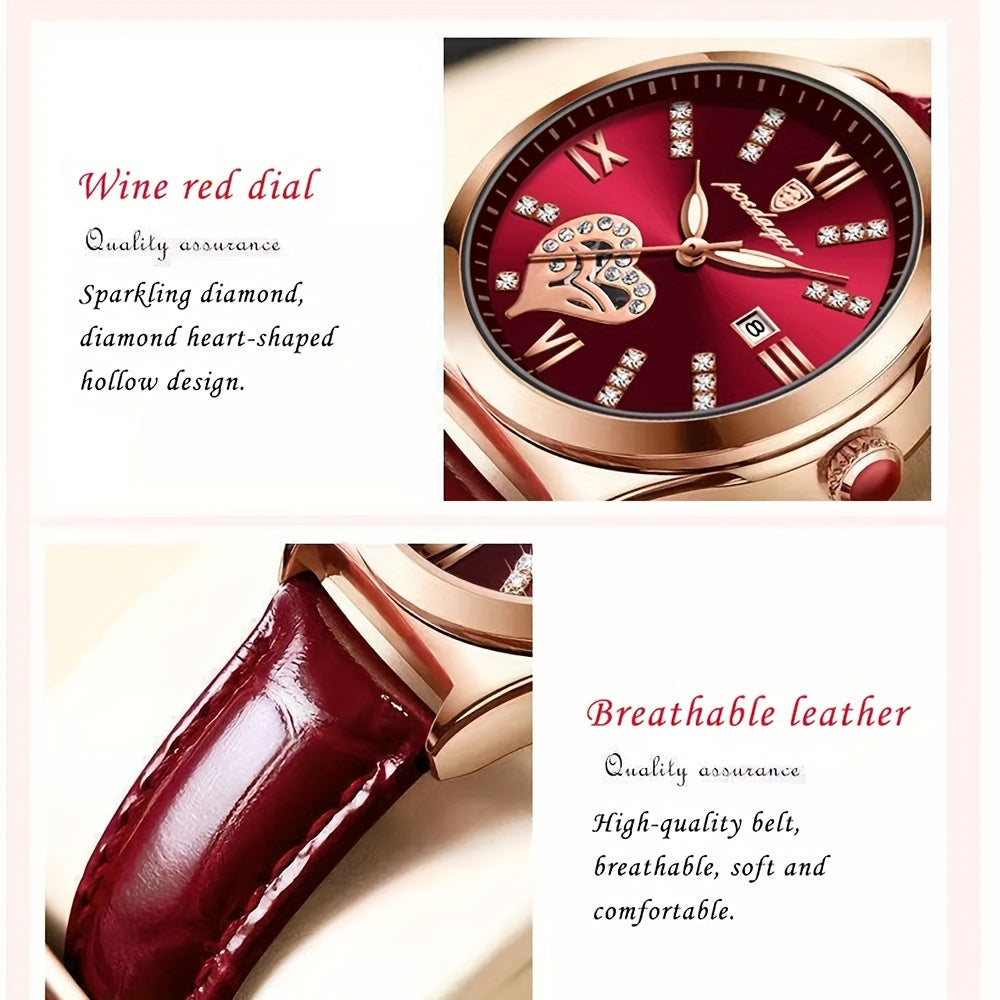 Women's Heart-Shaped Rhinestone Watch with Luminous Dial and Leather Band