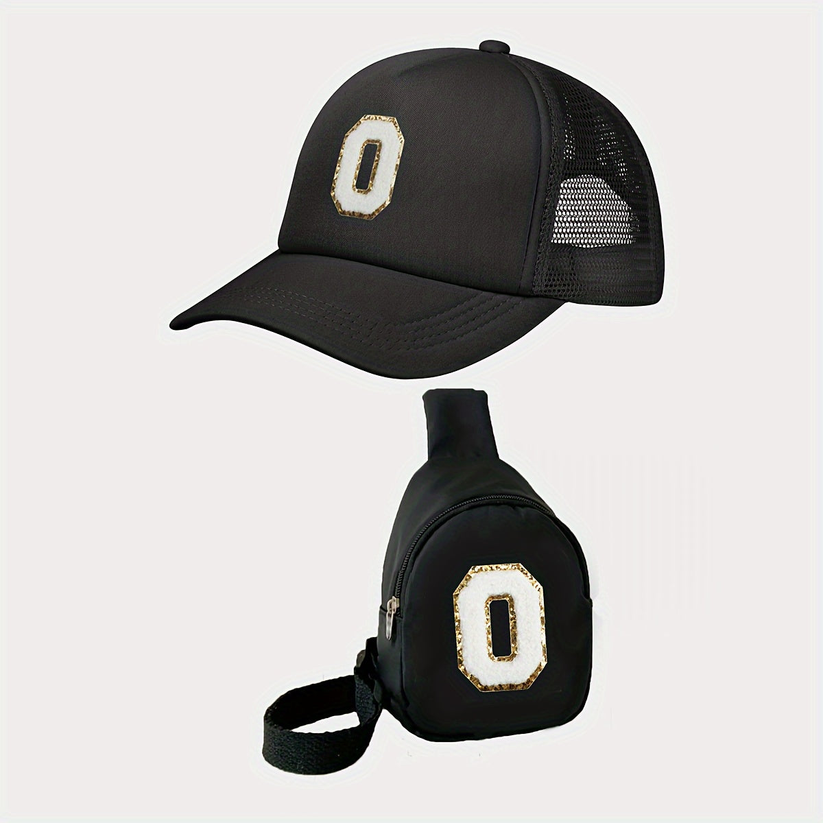 Children's Alphabet Baseball Cap and Shoulder Bag Set for Kids 3-14 Polyester Black