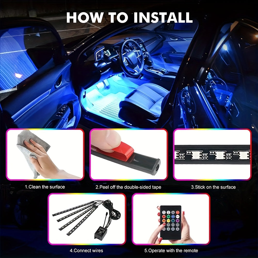 Car Interior LED Lights 4 Pack 48 LEDs RGB Neon Music Sync Remote