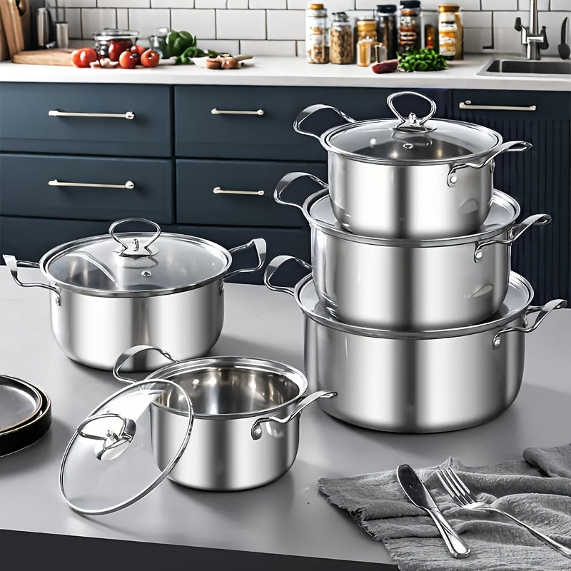 Set of 5 Stainless Steel Stock Pots with Lids, Double Handles, Large Capacity