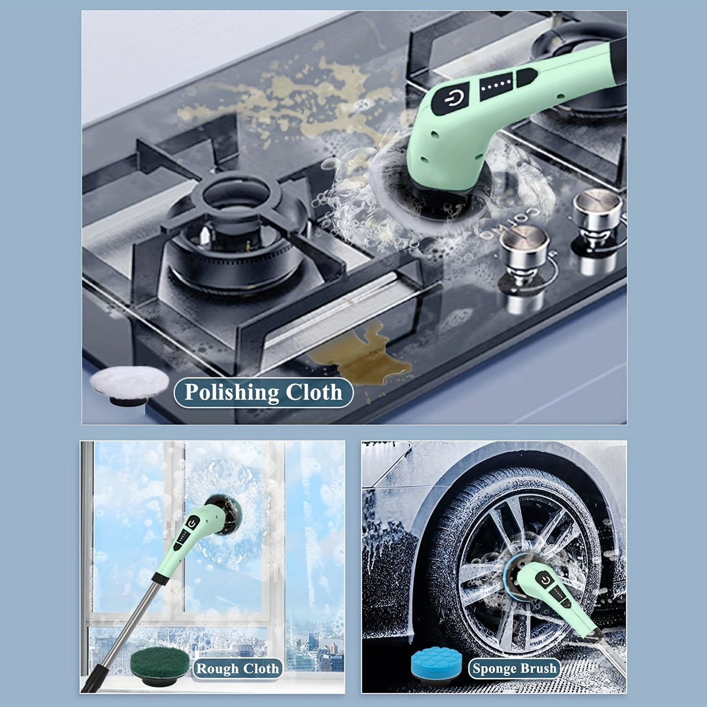 7 ta o‘rnini bosadigan cho‘g‘li elektr spin scrubber bir to‘plami. Uzunroq tutqich, 2 ta tezlik, buriladigan boshlar, lityum batareyasi bilan simsiz ishlash imkoniyatiga ega. Hammom, oshxona, vanna, plitka, dush, avtomobilni tozalash uchun ideal.