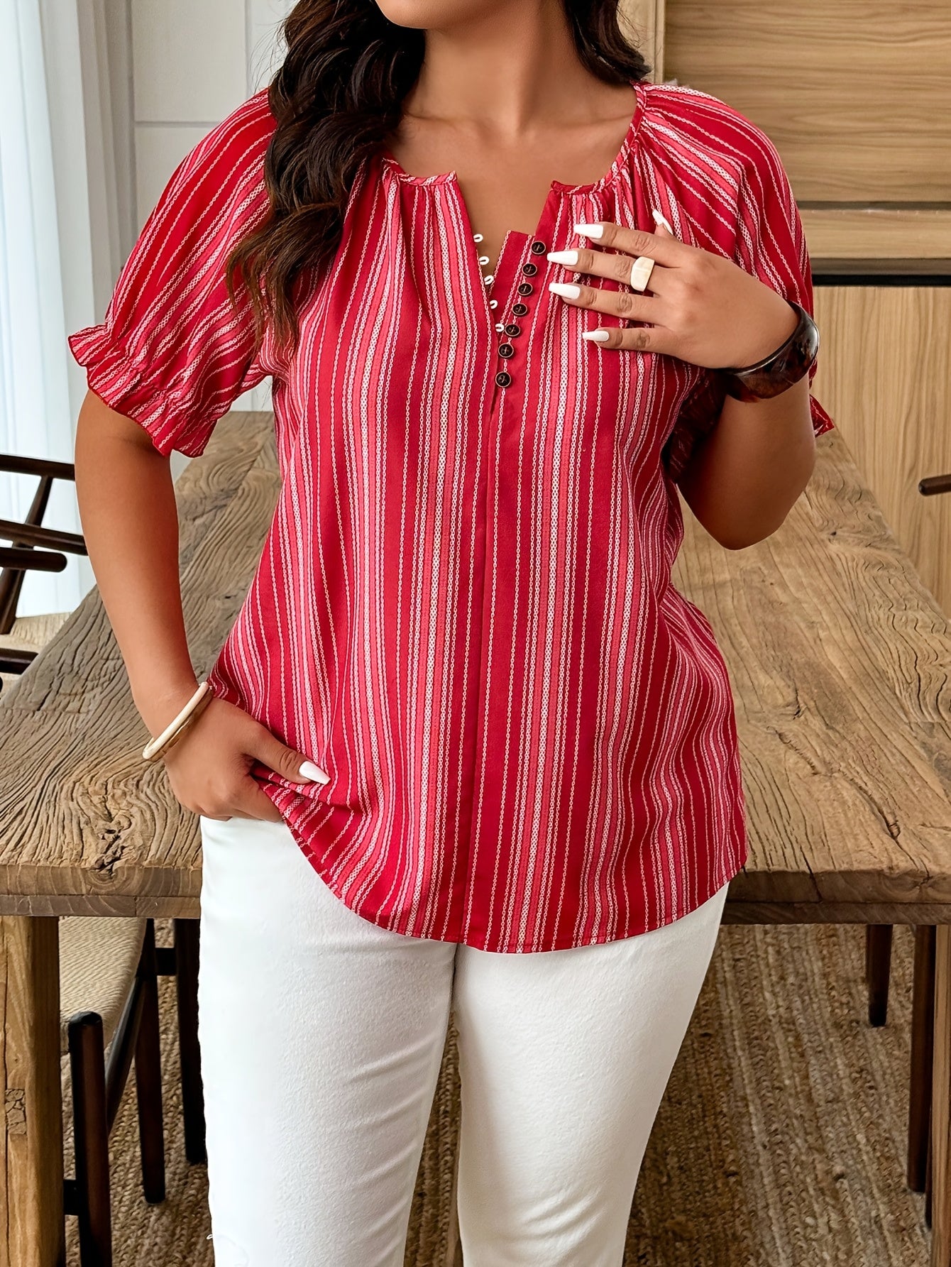 Women's Plus Size Red White Striped Short Sleeve Blouse V-Neck