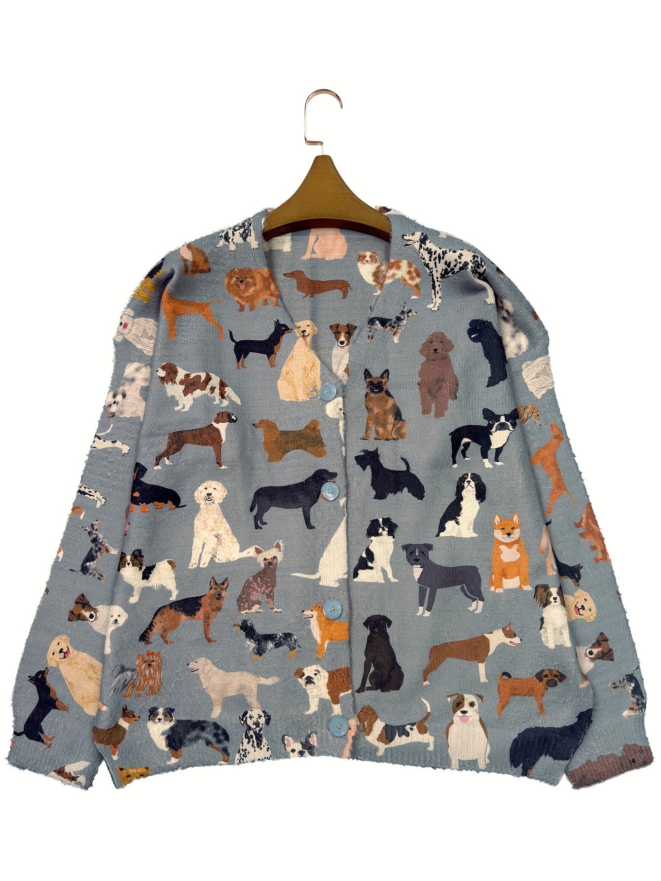 Plus Size Women's V-Neck Dog Print Cardigan Long Sleeve Cozy Fall Winter