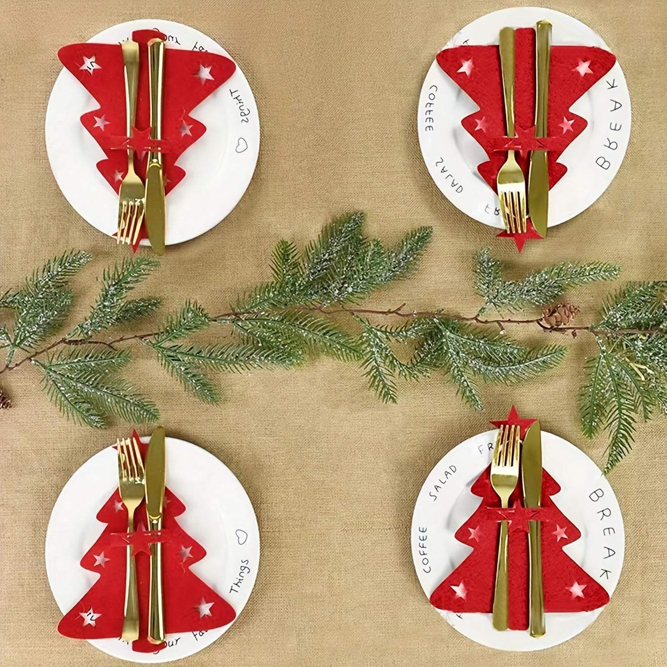 12pc Felt Mini Christmas Trees for Table Decor, Fork and Spoon Bag