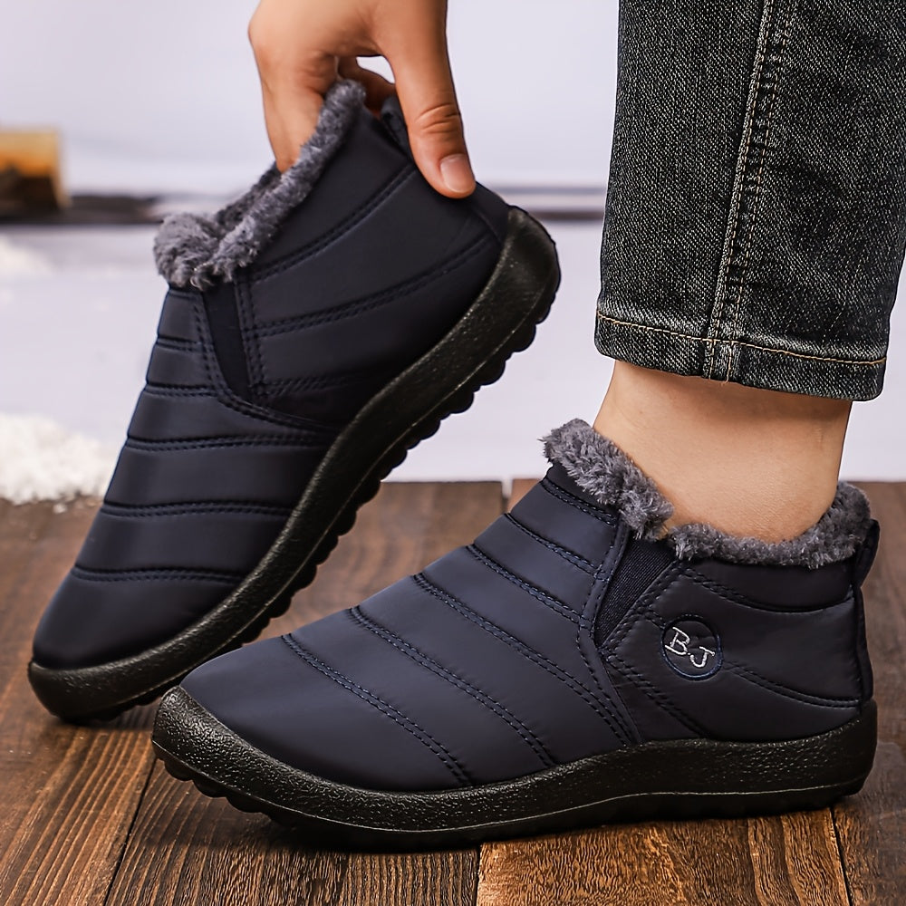 Women's Slip-On Ankle Boots Black Soft Fabric Plush Lining Comfortable Flat