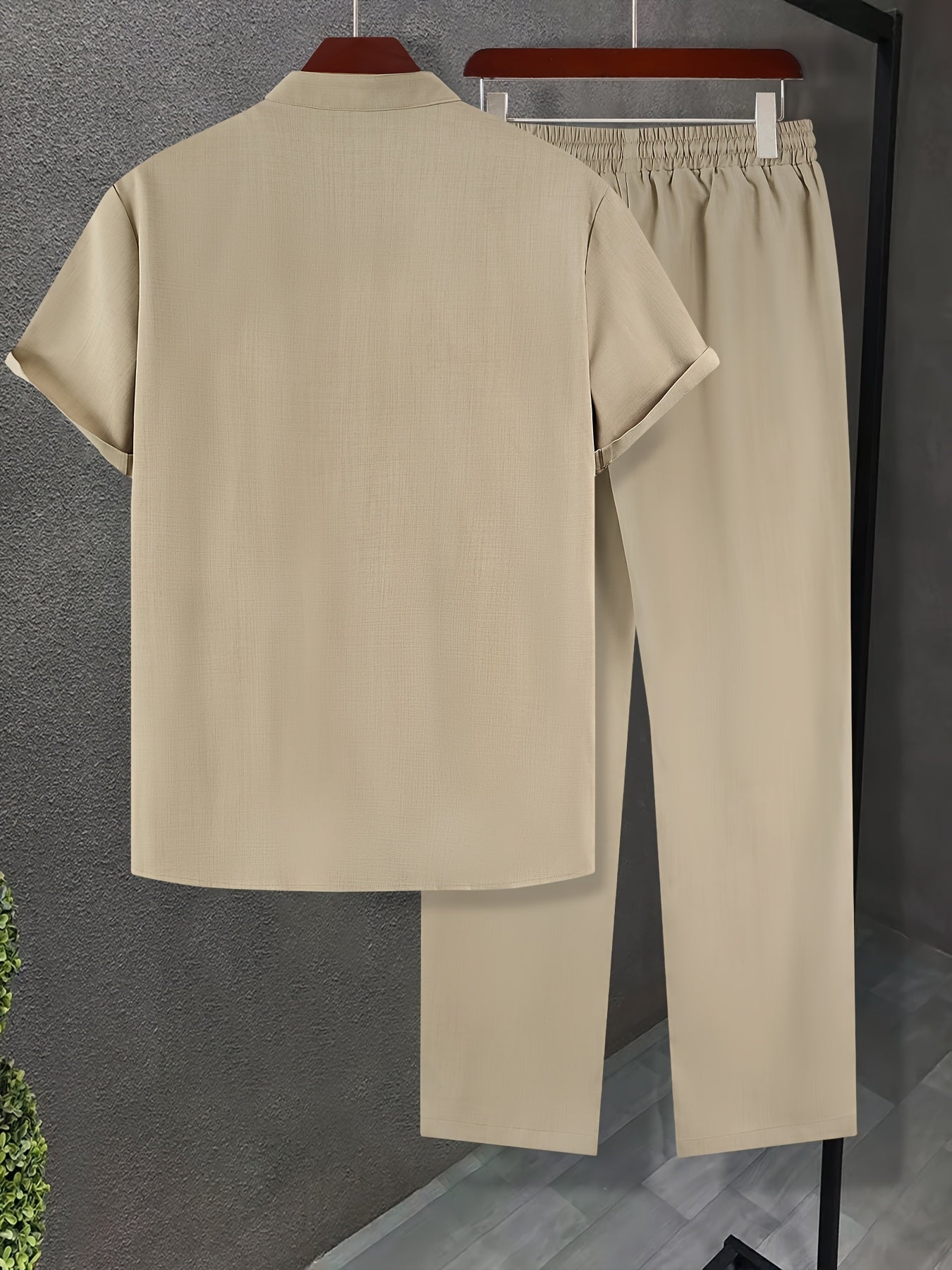 Casual Short-Sleeve Shirt and Long Pants Outfit Polyester Solid Color All-Season