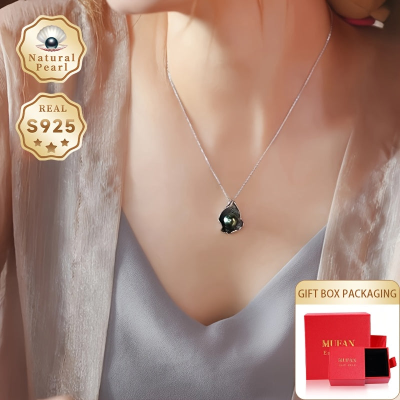 Vintage Tahitian Black Pearl Pendant Necklace Sterling Silver Leaf Design for June Birthdays