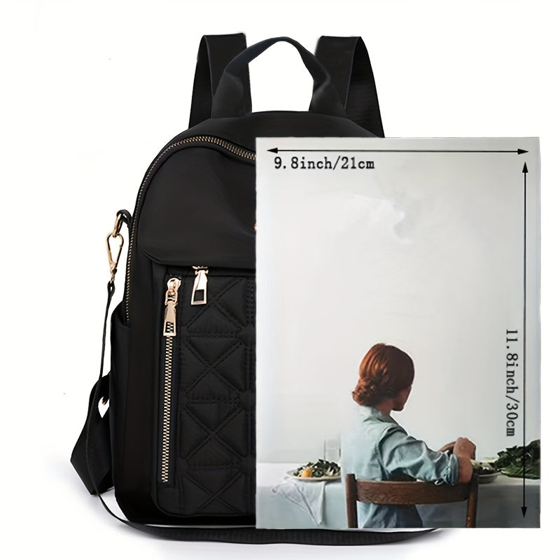 Ayollar uchun zamonaviy qora naylon rucksack, to'qimachilik detali, sozlanadigan yelka tasmalari, sayohat yoki kundalik foydalanish uchun bir nechta bo'limlar. Mustahkam fermuar yopilishi, tikilgan tuzilishi va