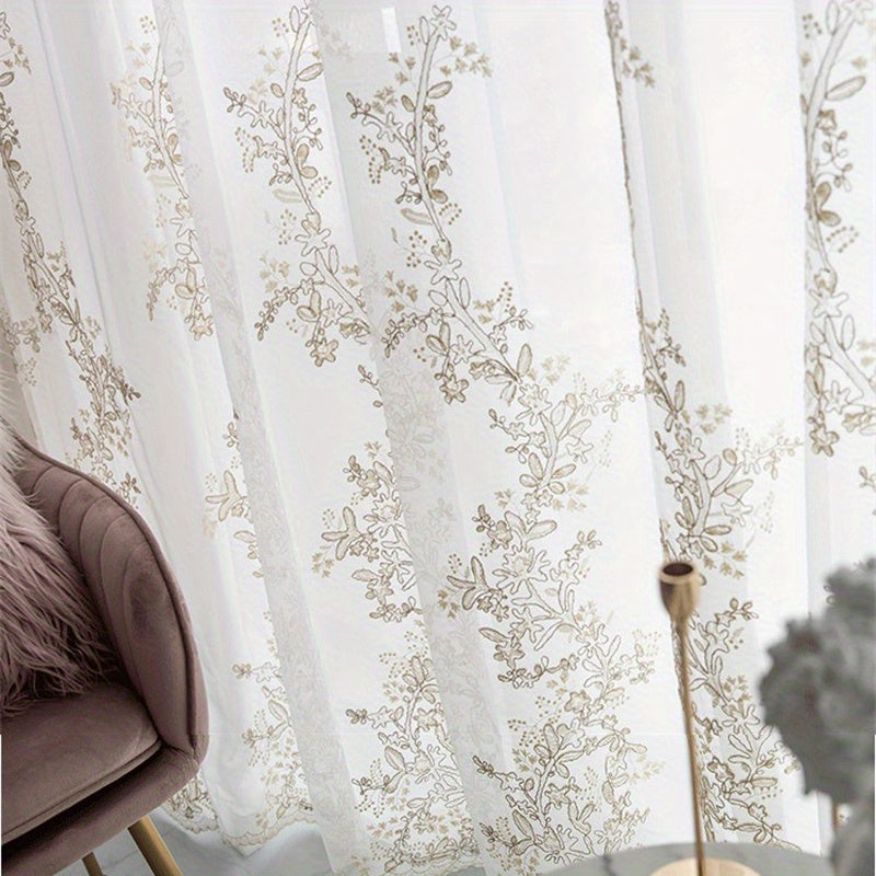 Golden Thread Embroidery Sheer Curtain for Living Room and Bedroom European Style Voile Window Treatment