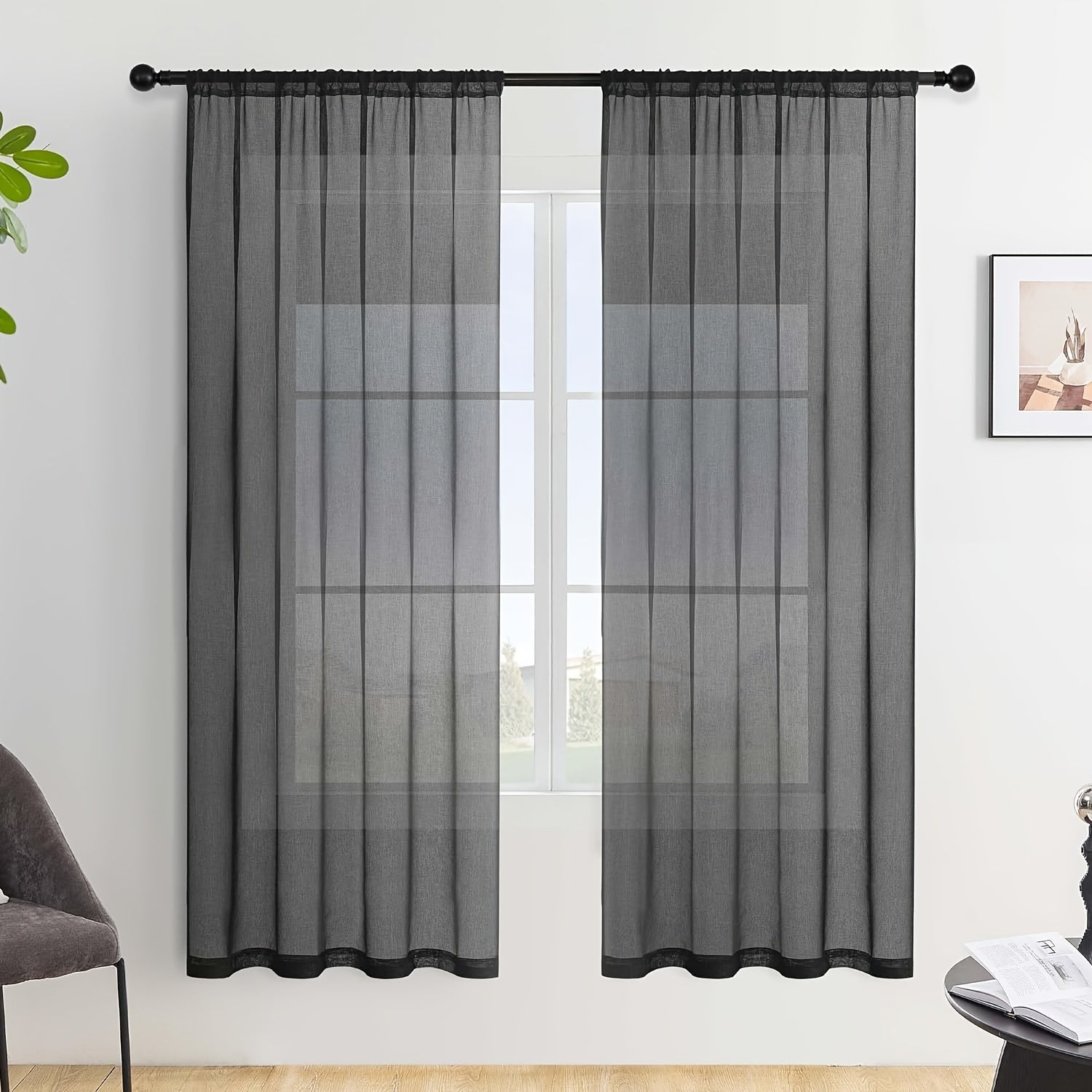 Juego de 2 cortinas de cocina semi-translúcidas con textura de lino blancas para cafetería, sala de estar y dormitorio