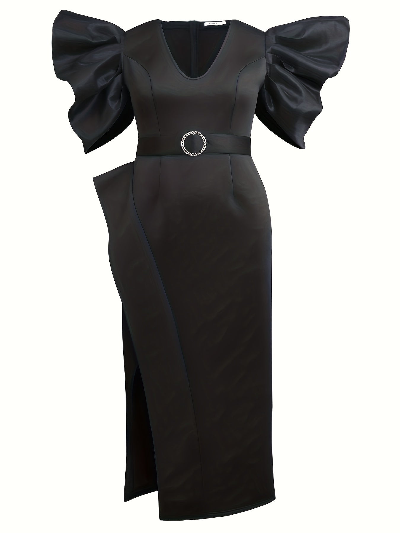 Plus Size Elegant V-Neck Ruffle Sleeve Bodycon Bridesmaid Dress Polyester Solid Night Gown