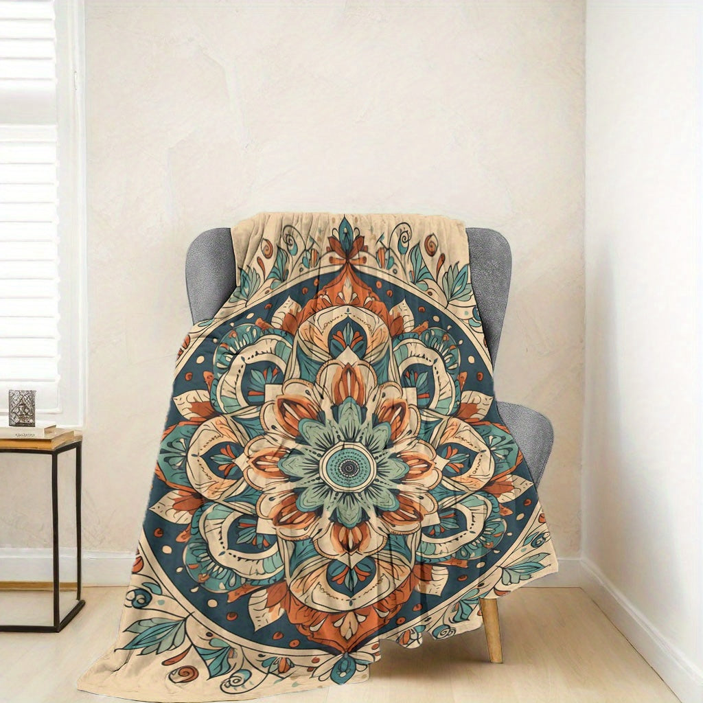 Manta de felpa con patrón de mandala estilo bohemio y colores vibrantes para todas las estaciones