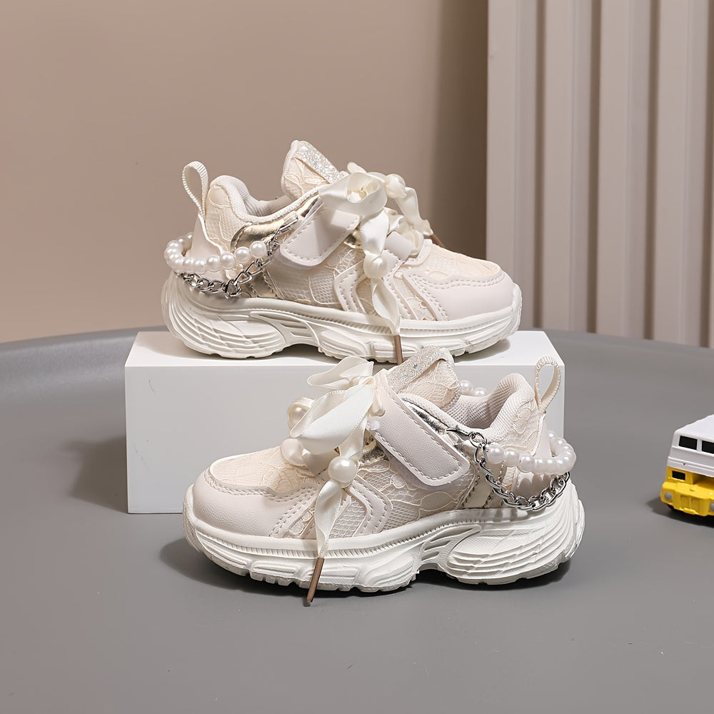 Girls Casual Pearl Chain Low Top Sneakers for Spring and Fall Non-Slip Sport Shoes