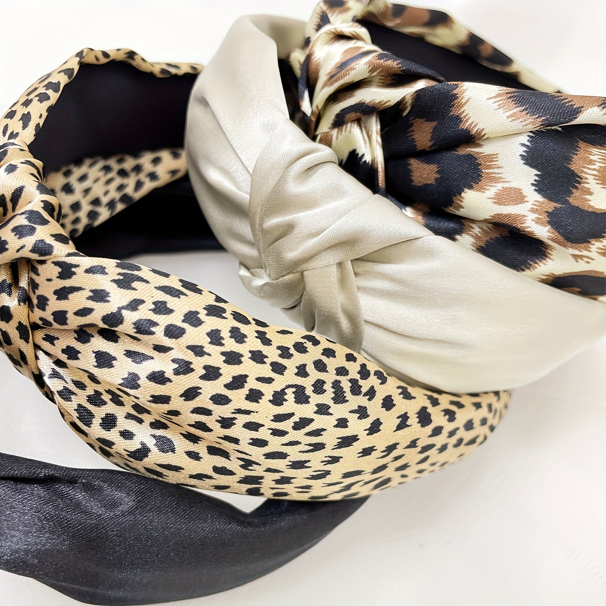 Set of Four Vintage Leopard Print Wide Brim Headbands with Knotted Hair Hoops for Women