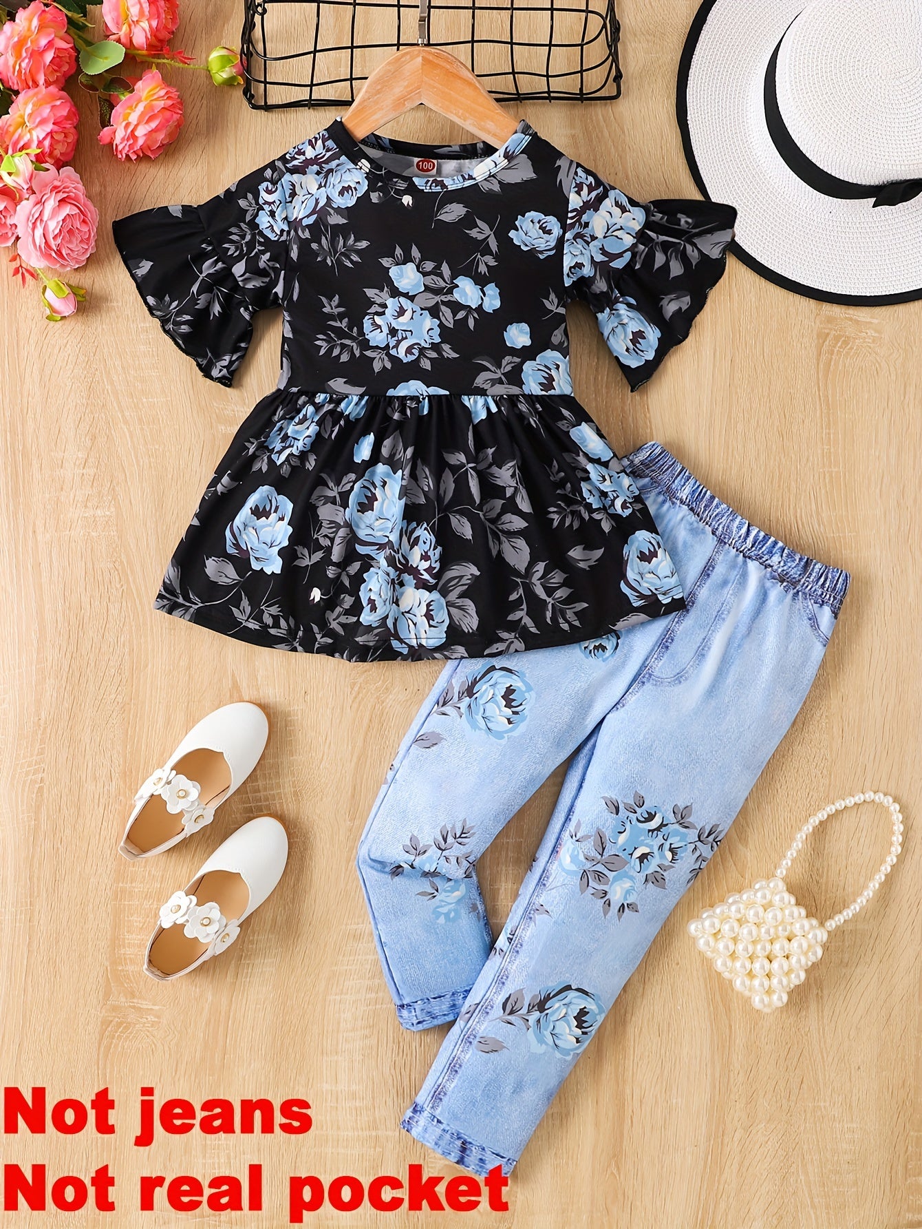 Girls Floral Peplum Top and Leggings Set with Flare Sleeves for Summer