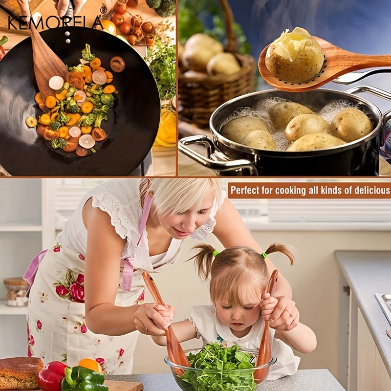 Set of 9 Teak Wood Kitchen Utensils with Utensil Holder and Spoon Rest