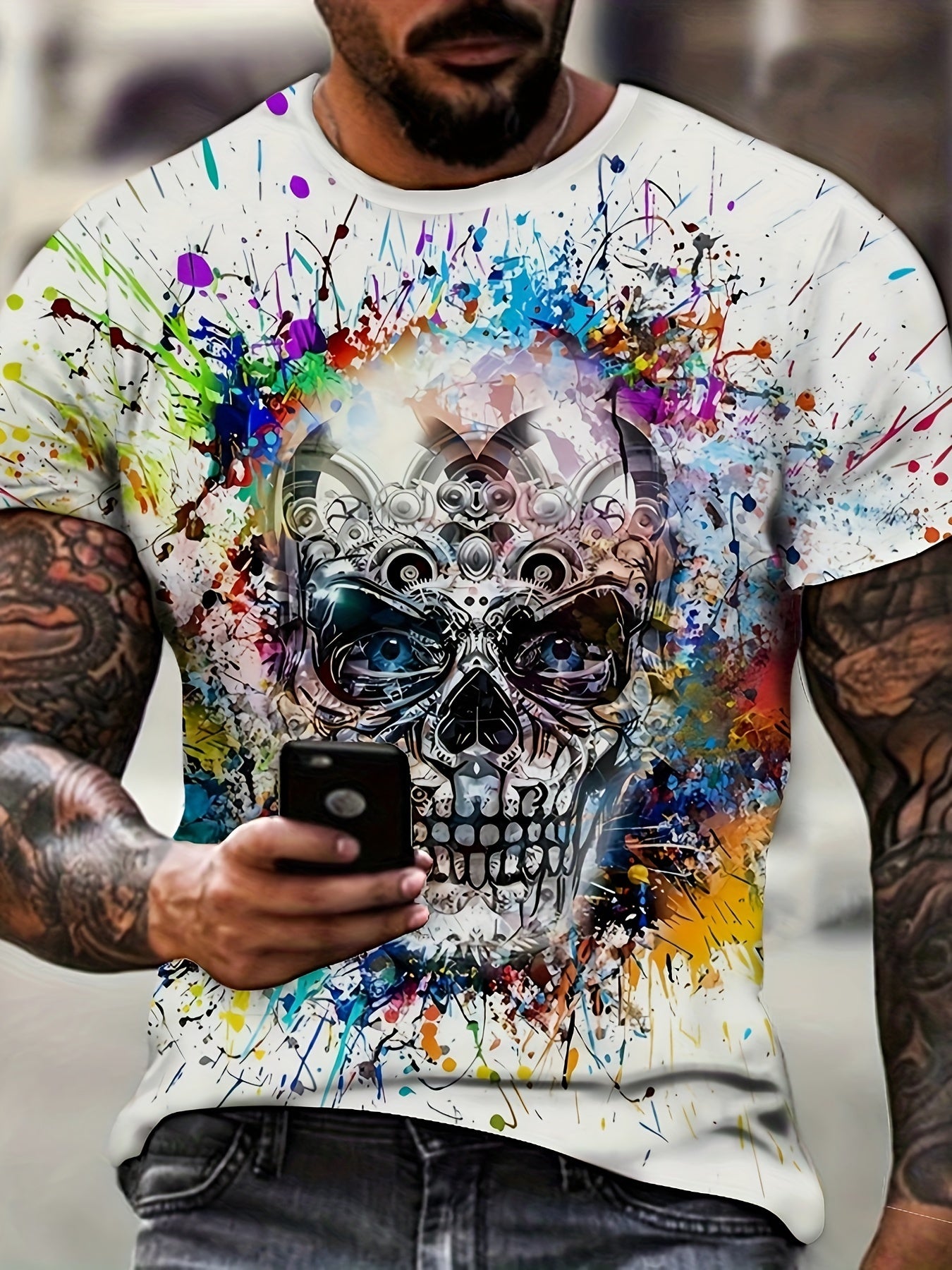 Men's 3D Skull Print T-Shirt Casual Quick-Dry Polyester for Running Hiking Camping