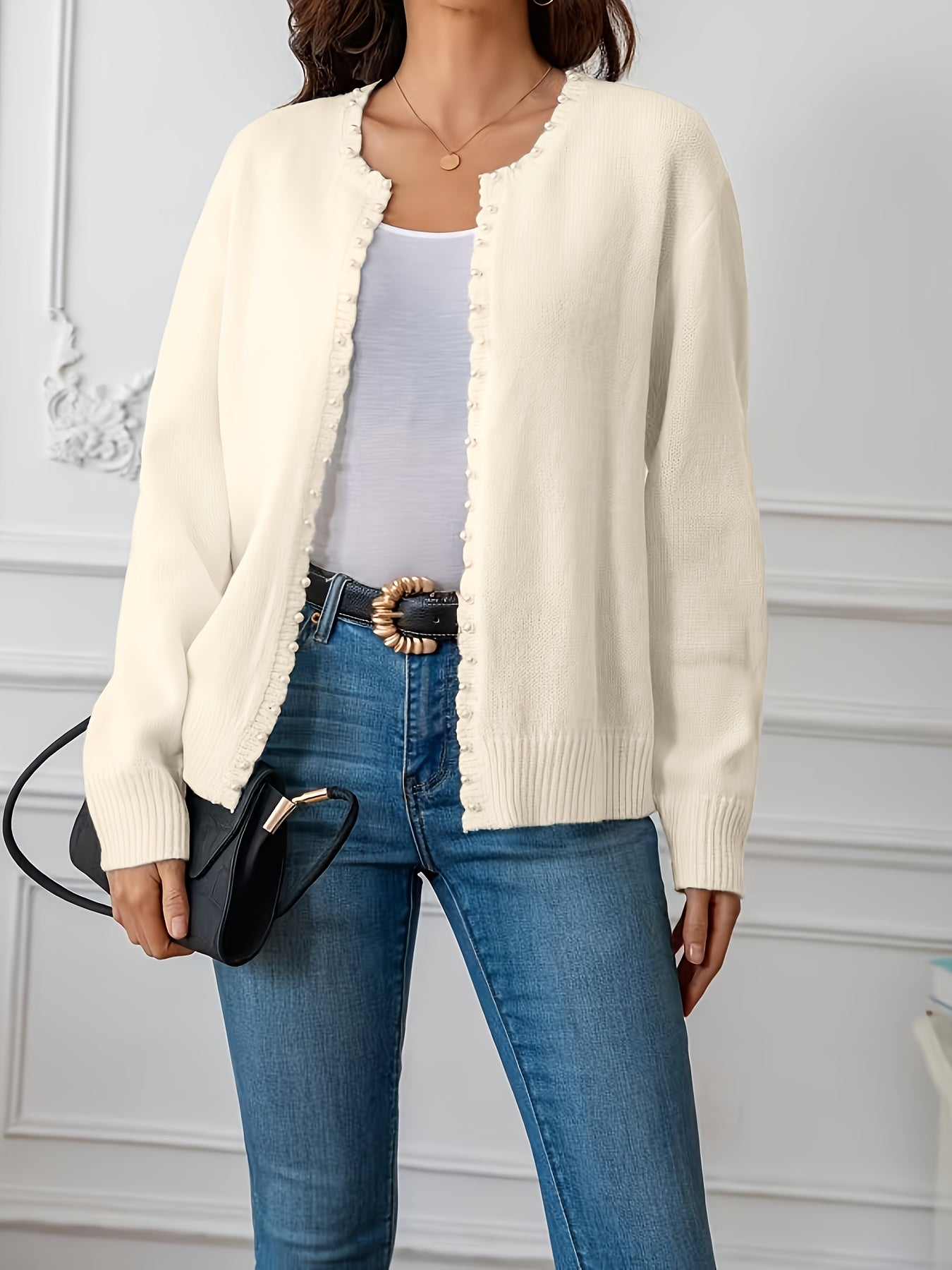 Women's Oversized Cozy Knit Cardigan with White Trim Navy Blue Winter Layering