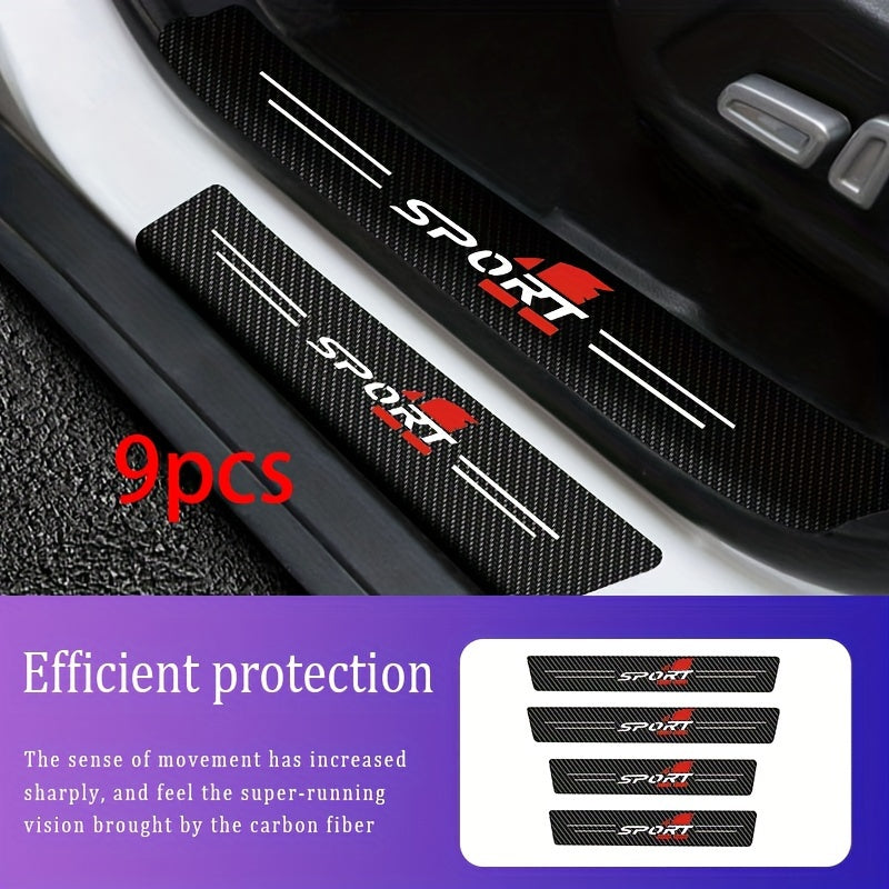 9pcs Carbon Fiber Car Door Sill Guards Universal PVC Self-Adhesive Protective Strips