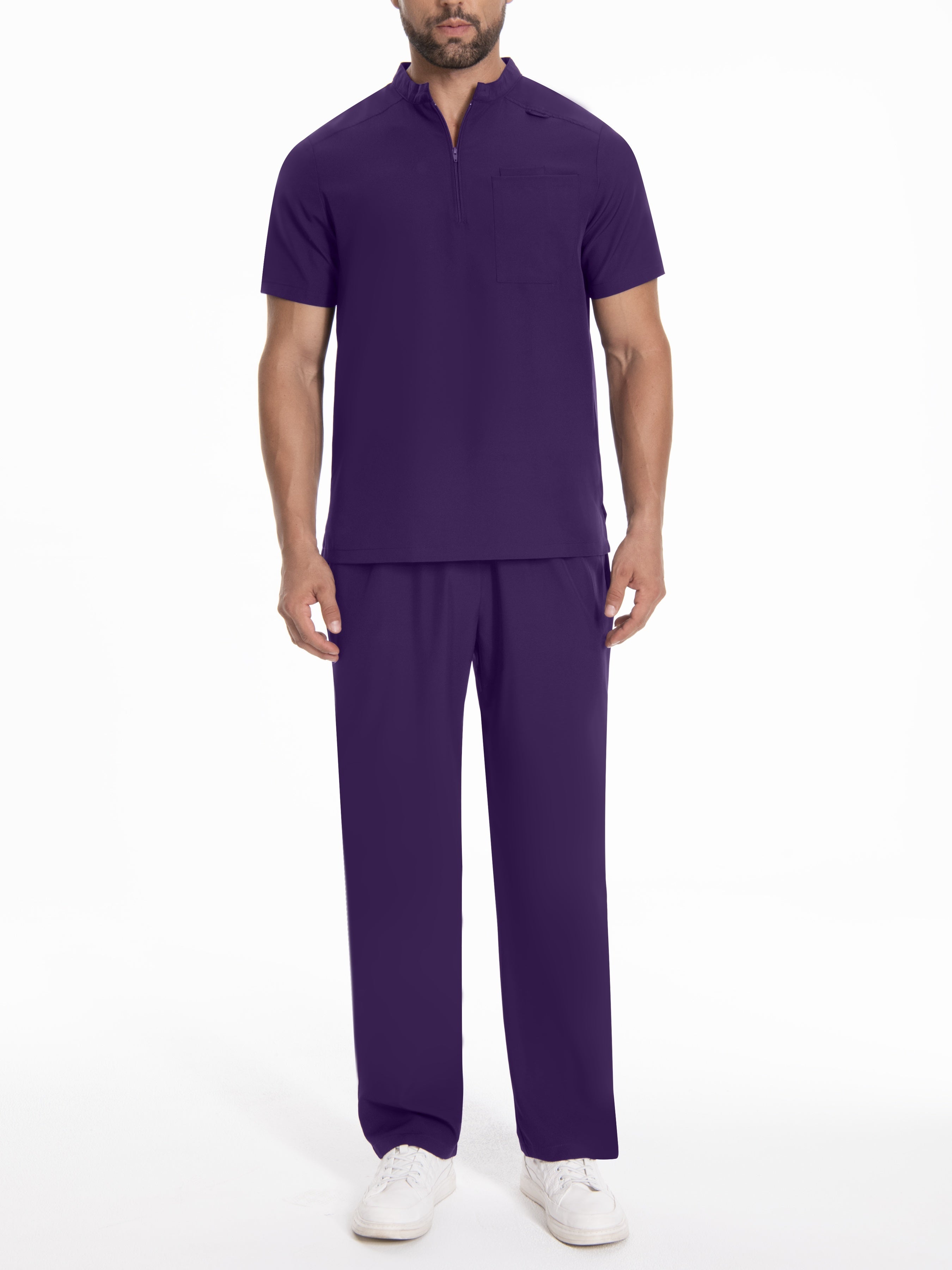 Erkaklar uchun konservativ uslubda polyester ish kiyimlari to'plami. Mustahkam rang, to'qilgan mato, kichik turli ko'ylak, odatdagi kesim, cho'ntaklar va bel halqalari bilan.