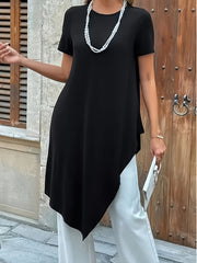 Plus Size Women's Summer Casual Longline T-Shirt Black Short Sleeve Breathable