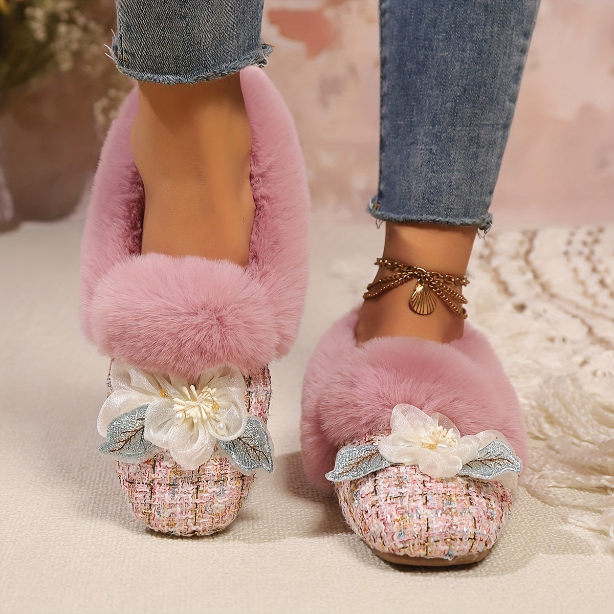 Women's Fleece-Lined Slip-On Flats with Bowknot Square Toe Indoor Outdoor Shoes