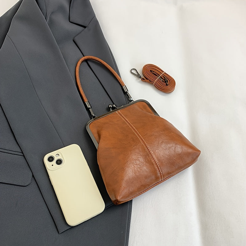 2024 Retro PU qo‘l sumkasi, ajraladigan yelka askısı va tugma bilan yopiladigan hamyon, qora, qorong‘u jigarrang