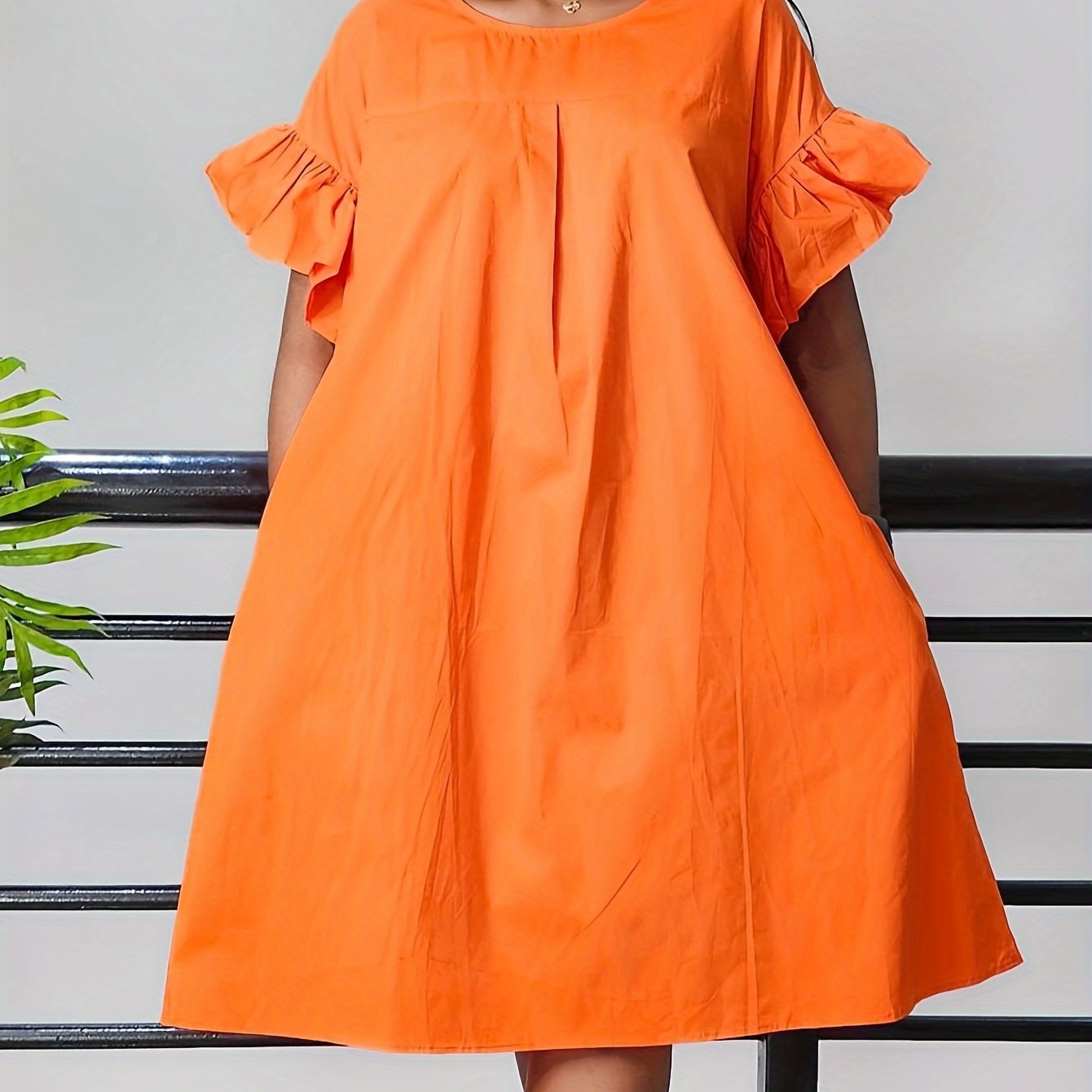 Plus Size Women's Ruffle Cuff Short Sleeve Dress for Spring Summer Polyester Elegant Fit and Flare